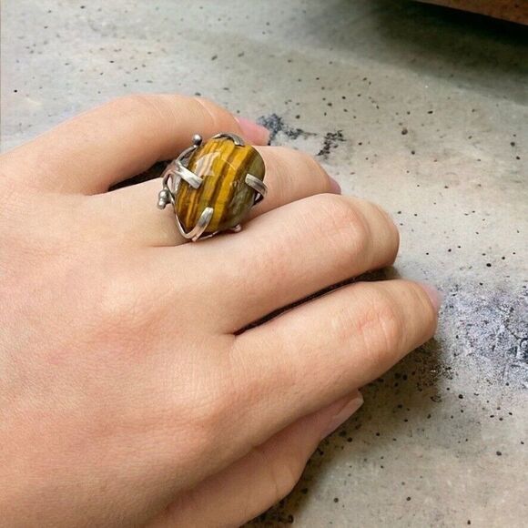 Handmade Womens Sterling Silver .925 Tigers Eye Brutalist Abstract Ring Sz 7 - Picture 1 of 6